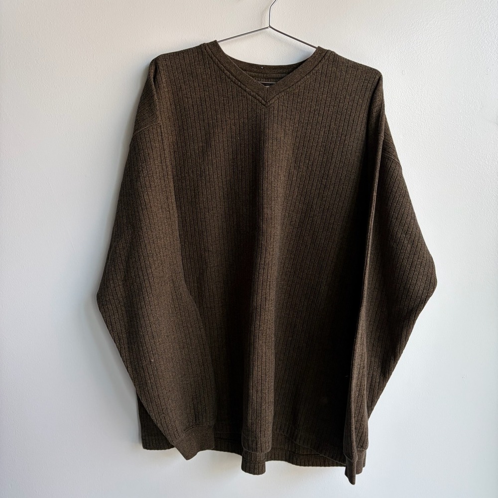 Naturalife Mens XXL Brown Ribbed V-Neck Sweater 100% Cotton Long Sleeve